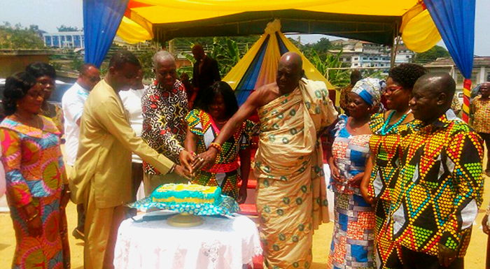 Vice-President Amissah-Arthur (3rd left) being assisted by Mr Rickets Hagan (left) and Osaberima Kwesi Atta II, Omanhen of the Oguaa Traditional Area, to cut the anniversary cake at the function Vice-President Amissah-Arthur (3rd left) being assisted by Mr Rickets Hagan (left) and Osaberima Kwesi Atta II, Omanhen of the Oguaa Traditional Area, to cut the anniversary cake at the function